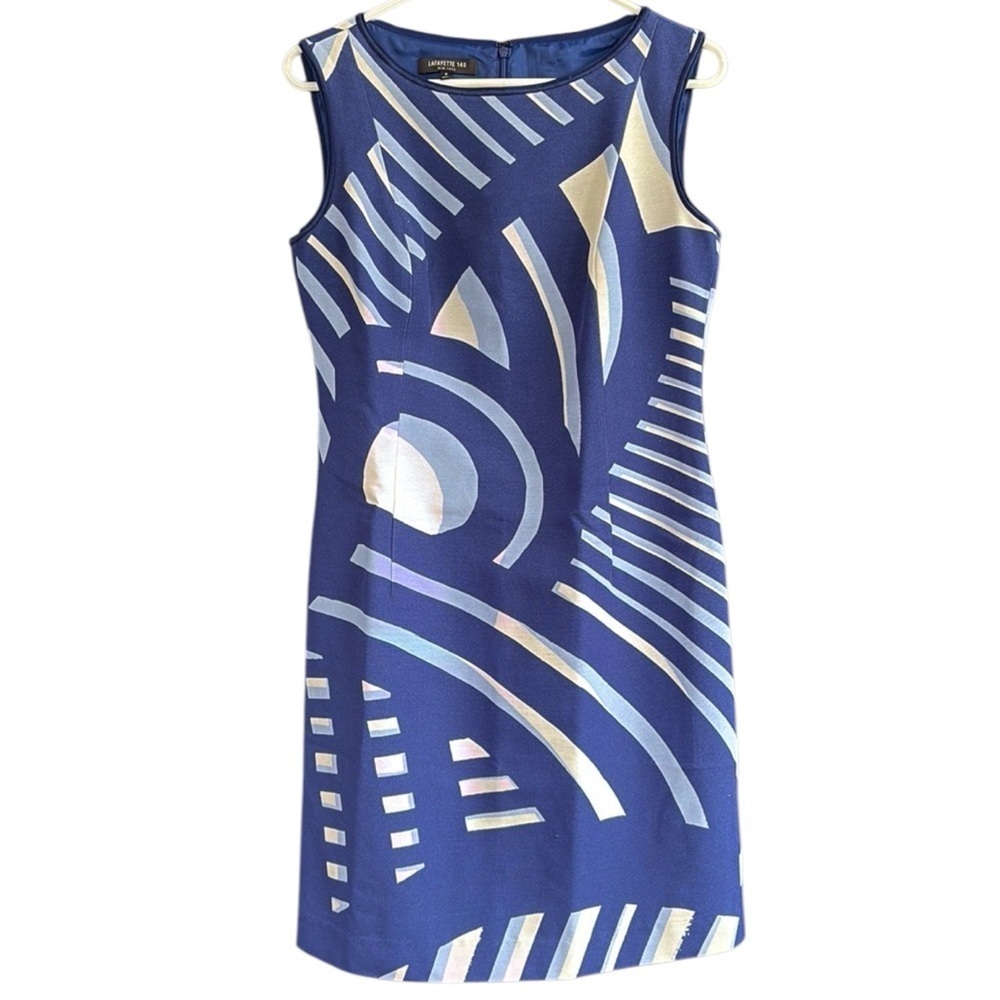 EUC Lafayette 148 Patterned Sleeveless Shift Dress Blue White Ivory Size 4